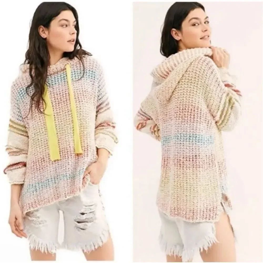 Free People Sit Next To Me Small Sweater Colorful Oversized Crochet Hoodie